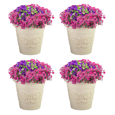 Grand pot de fleurs d'extérieur rond en polyrésine Arabella - blanc antique - 19,5 po - ensemble de 4