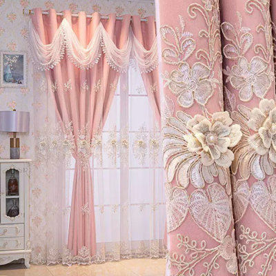 European Floral Embroidered Curtain Set with Sheer Swag Valance