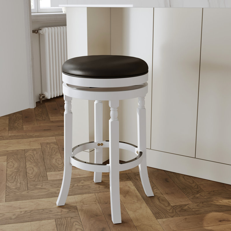 Tabouret de bar 30 po au fini blanc, siège en cuir noir, fabriqué pour durer, tabouret pivotant, siège noir, structure en bois massif, rotation à 360 °