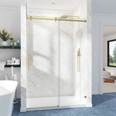 72-77" W X 72" H Frameless Single Sliding Shower Door with 3/8" (10mm) Clear Tempered Glass, Shatter-Resistant Film & Installation Hole Locator - Square Top Rail