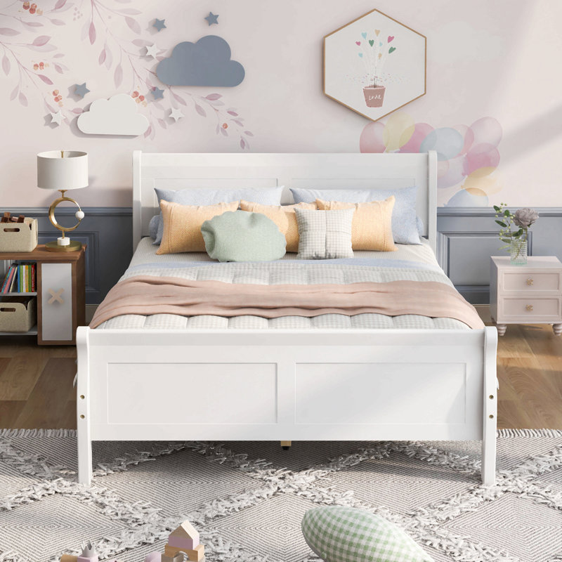 Lit plateforme en bois avec tête de lit et lattes en bois, Grand lit, Blanc