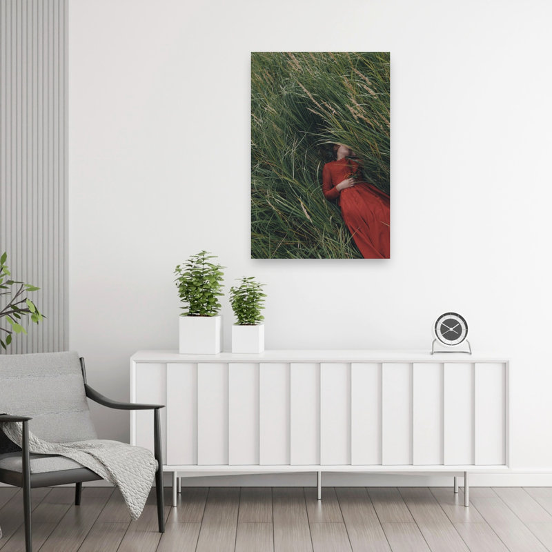 Woman In Red Meadow Peaceful Romantic Serene Autumn Nature Wall Art Print 1 Piece Wrapped Canvas Wall Art