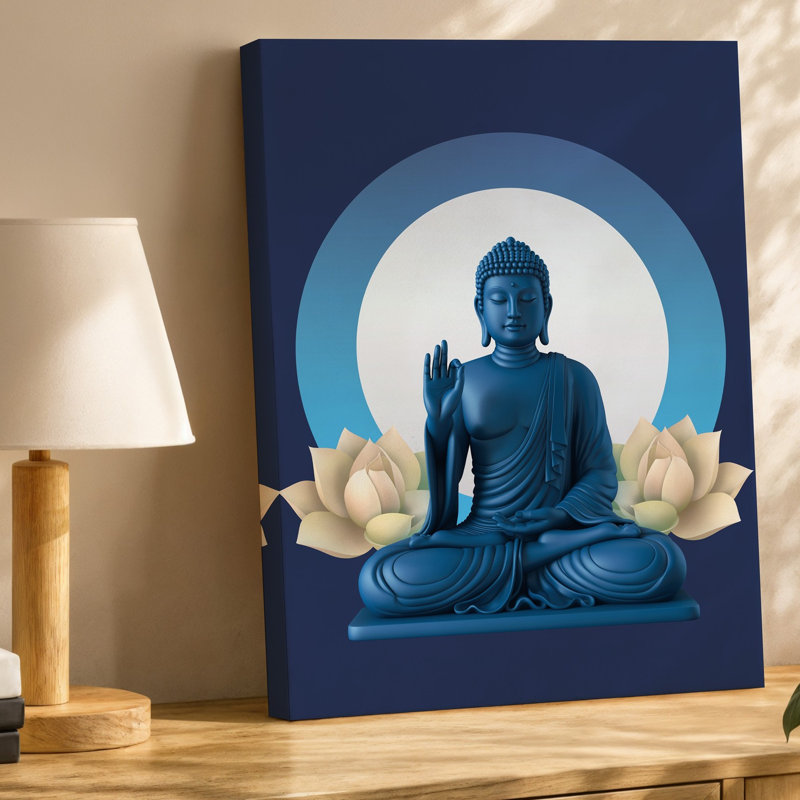Toile, art serein représentant un Bouddha assis, H 20 po x l 16 po