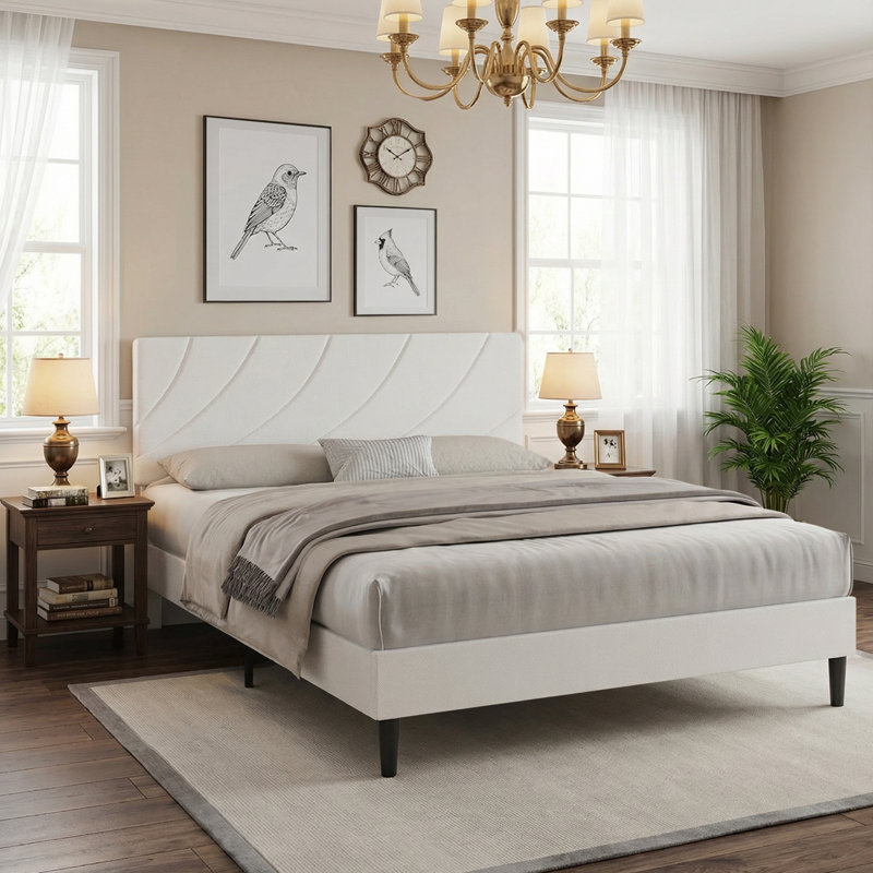 Bed Frame  with Linen Fabric Upholstered Headboard and Wooden Slats Support,Adjustable Headboard, No Box Spring Needed, White