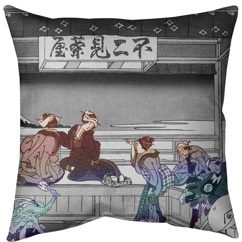 Coussin Katsushika Hokusai Yoshida at Tokaido, Bourre en polyester, Dégradé rouge, Sergé de coton