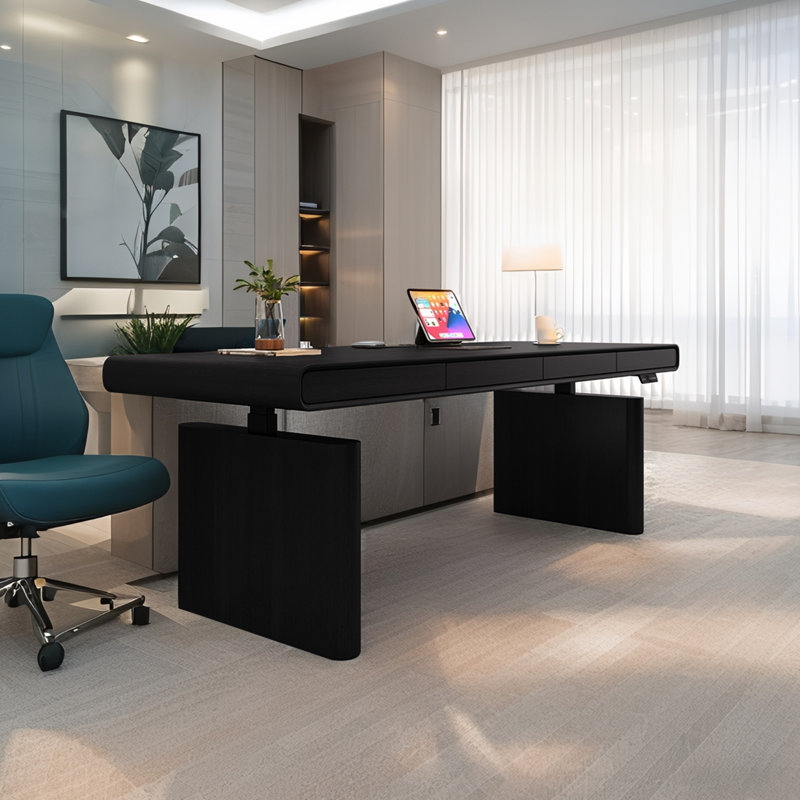 Bureau électrique à hauteur réglable de luxe avec éclairage intégré italien, disponible en finition noire et fumée, Noir