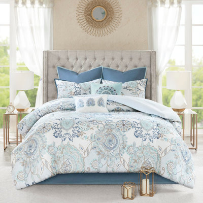 Blue King Comforter 8 Pieces - Printed Cotton Fabric, Bed Skirt Size Medallion , Decorative Pillows