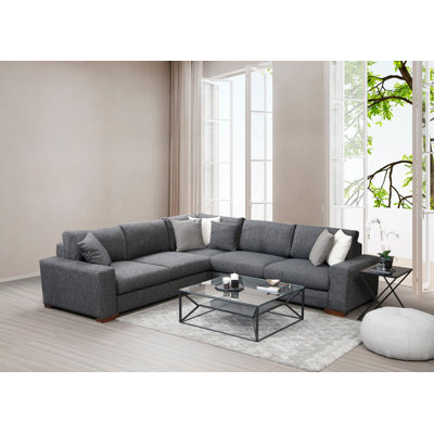 Canapé d'angle moderne - Anthracite, 111,0 x 111,0 x 33,5 pouces | Structure en bois de hêtre et en carton, tissu 100% polyester | Coussins durables en mousse dure de 18 po. Et 24 po. De plumes | Design scandinave élégant avec pieds en noyer