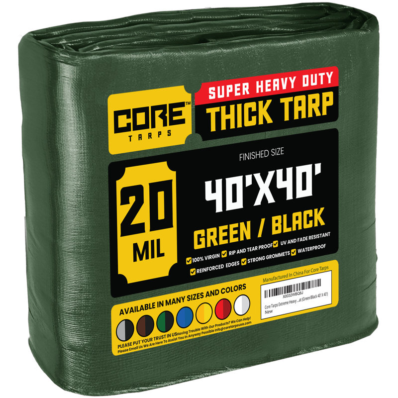 Bâche en polyéthylène robuste de 20 mil, imperméable et résistante aux rayons UV, Vert / noir, 40 pi x 40 pi