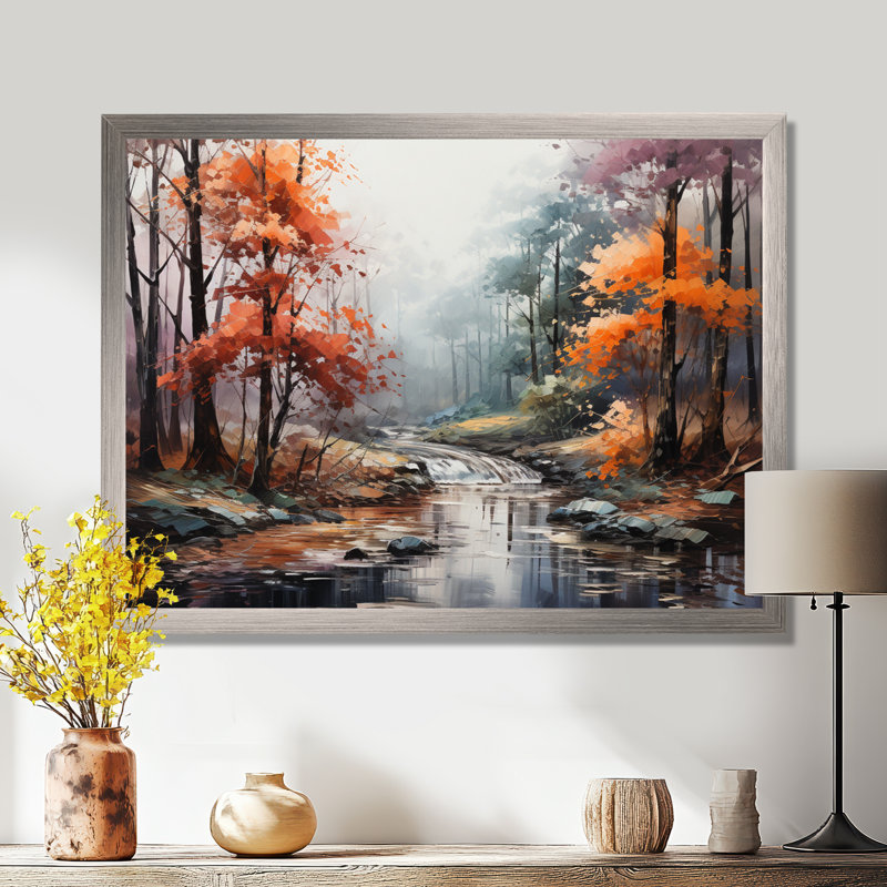 Mystic Nostalgia Autumn Forest I - Art mural forêt, Cadre simple argenté, H 16 po x l 32 po x P 1 po