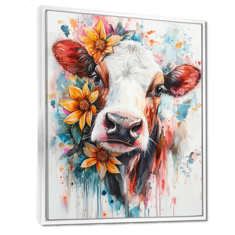 Keily Cow, peinture avec ferme, fleurs II, Impression encadrée flottante, H 44 po x l 34 po, Blanc