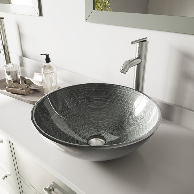 Giovanni 17" L x 17" W x 6" H Round Glass Vessel Bathroom Sink with 13" H Faucet, Brushed Nickel, Brushed Nickel