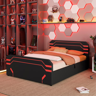 Queen Size Upholstered Gaming Bed With Side-Lift Hydraulic Storage System, Cyberpunk Style Platform Bed With Futuristic Pattern For Gamers & Gen Z, Black+Red