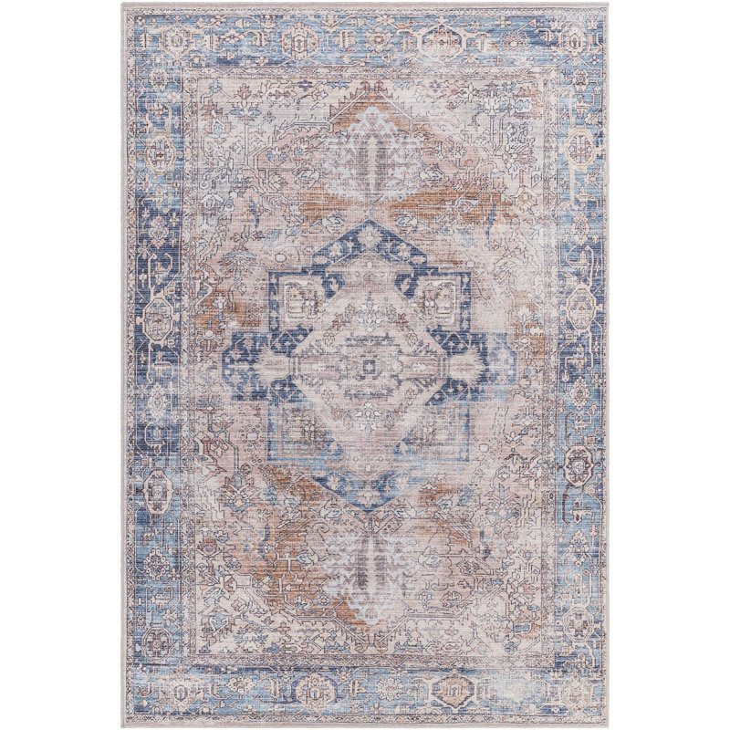 Conchita Rectangle Orhideja Oriental Machine Woven Area Rug in Navy/Rose, Rectangle 9'3" x 12'
