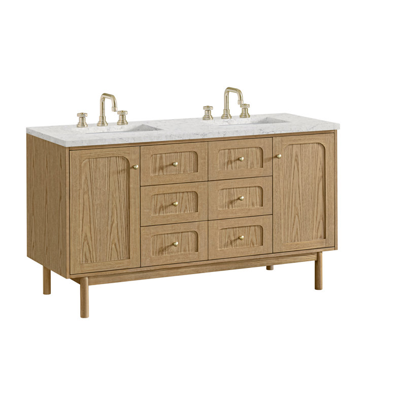 Laurent 60" Double Vanity, Light Natural Oak W/FreePower Wireless Charger, Eternal Jasmine Pearl, Light Natural Oak
