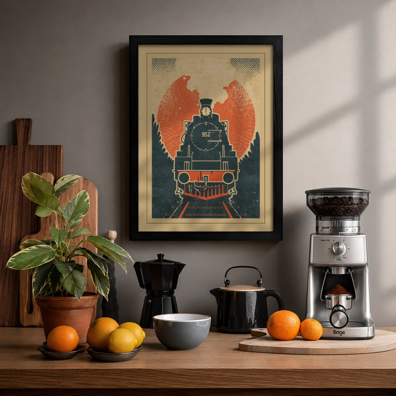Winged Locomotive Retro - Framed Print, A3 - 42.0 x 29.7 cm, Black