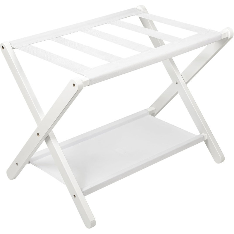 Folding Suitcase Stand With Storage Shelf, White