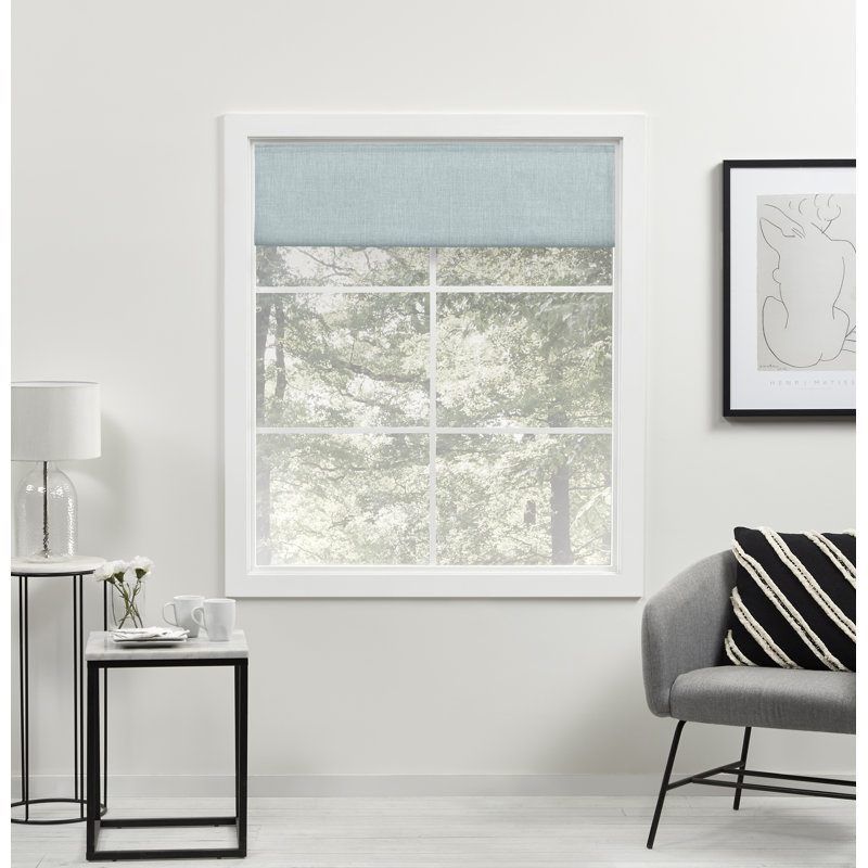 Acadia Aqua Cordless Blackout Roman Shade with Linen Look Fabric, 34" x 64"