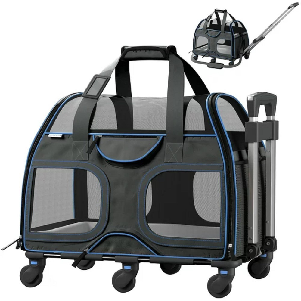 Tucker Murphy Pet Luxury Rider Chrishawn Pet Carrier with Removable Wheels and Telescopic Handle Color: Gray and Blue 54E1D58028BE458BAE284F70A04A793F