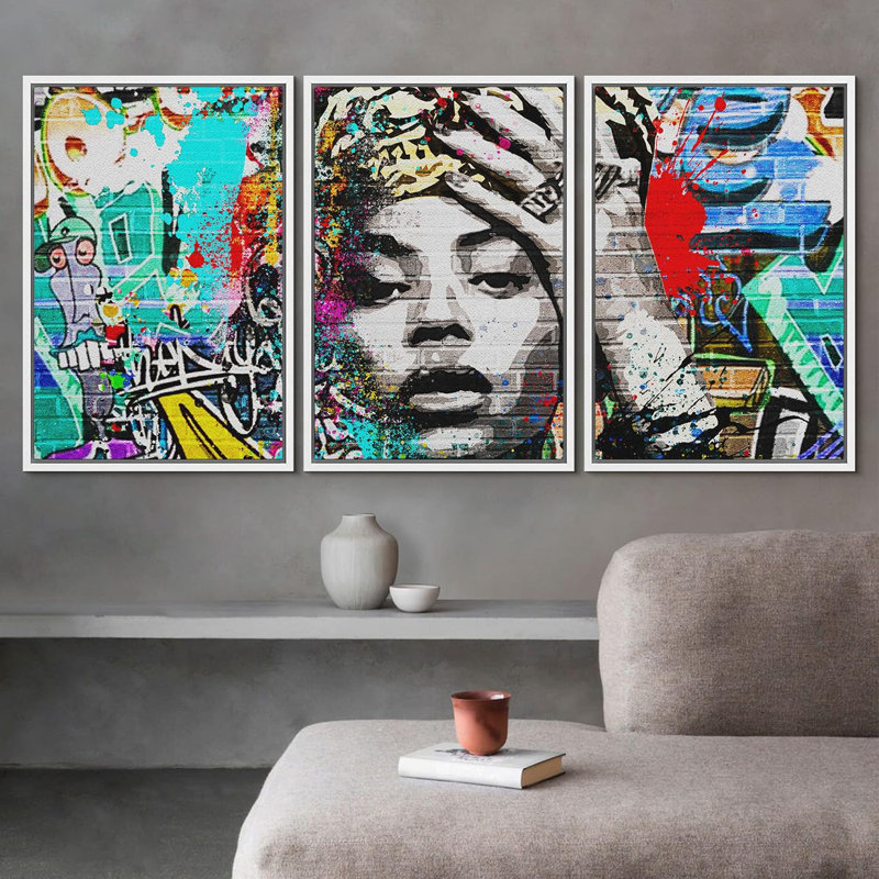 Urban Urban High Contrast Beyonc Portrait Graffiti & Street Art People Pop Art Colorful 3 pièces, Cadre flottant blanc