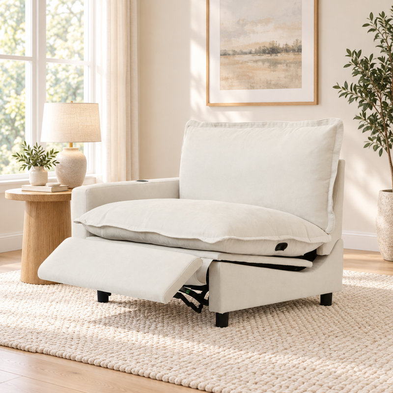 Fauteuil électrique moderne avec accoudoir, recouvert de tissu lin rembourré, Beige