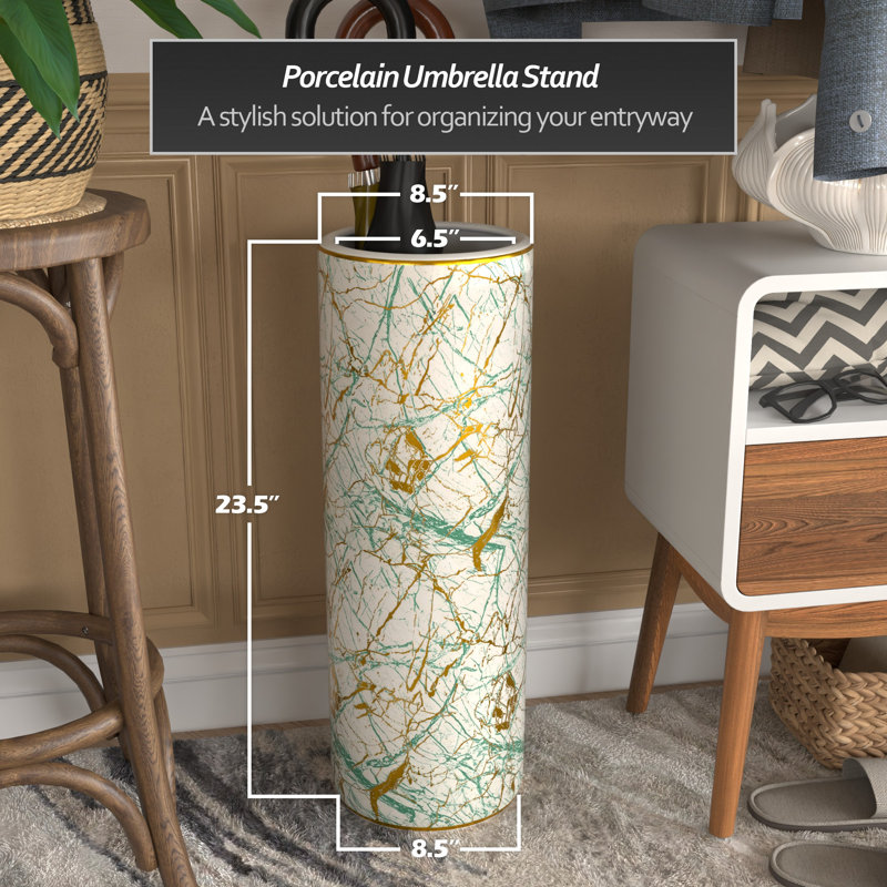 18" Tall Eclectic Porcelain Umbrella Stand, Green/Gold