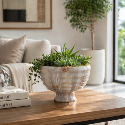 Decorative Round Glass Pedestal Accent Bowl on Stand for Tabletop Decor - Modern Minimalist Bowl with Sculptural Silhouette for Home Display - Ivory