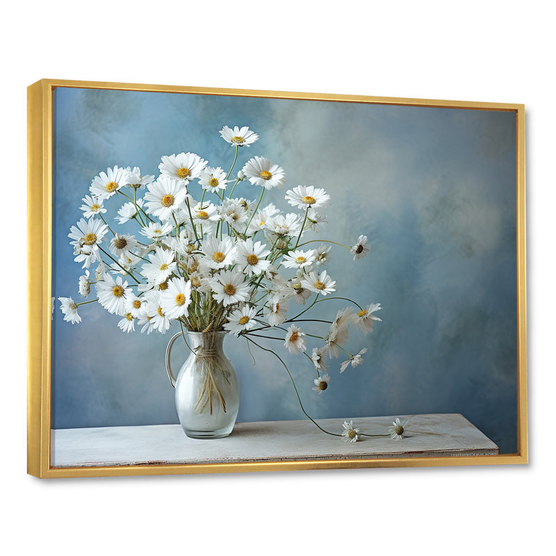 Bouquet de marguerites blanches, sérénité, L 32 po x H 16 po x P 1 po, Cadre flottant doré