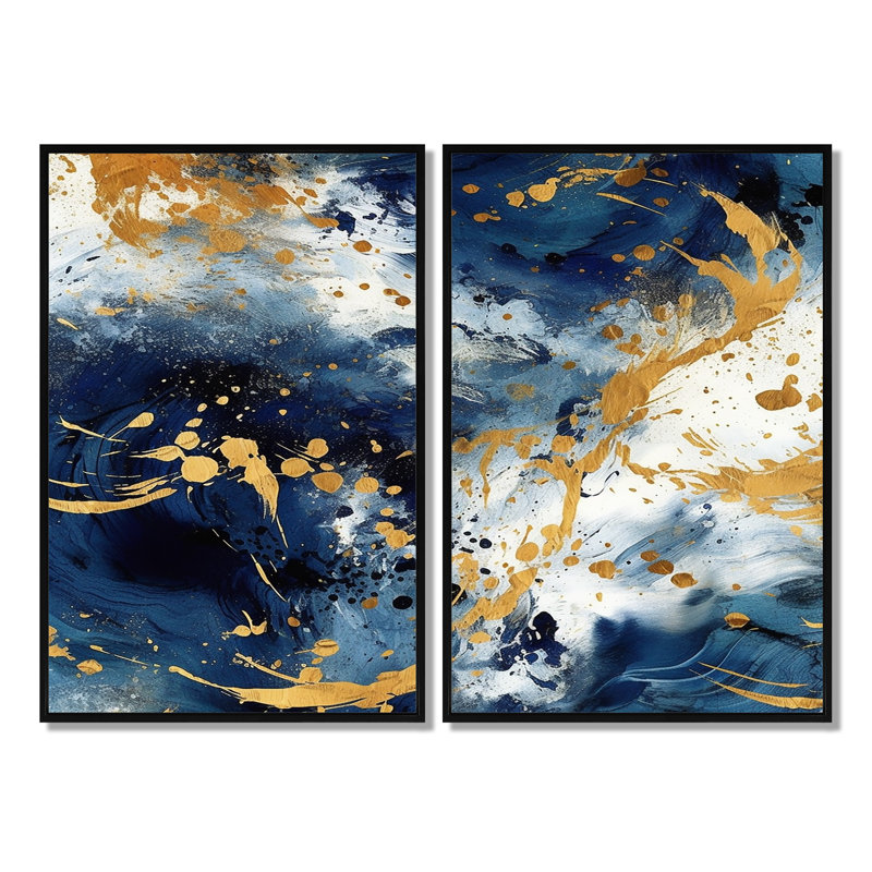 Bleu foncé et or abstrait X - décoration murale moderne 2 panneaux, Black, 36" H x 48" W, Impression encadrée flottante