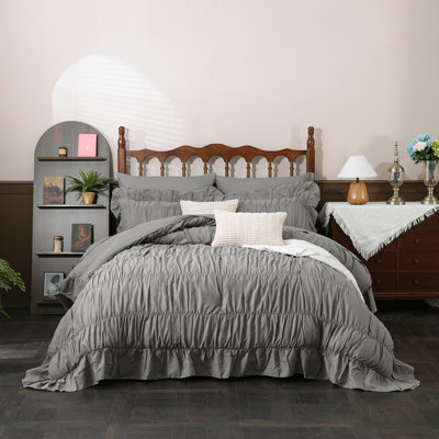 Grey Ruched Comforter Set Queen Size,boho Ruffle Bedding 9 Pcs Bed-in-a-bag,fluffy Luxury Ruffle Comforter Bedding With Flat Sheet, Fitted Sheet, Pillow Shams, Pillowcases For All Season