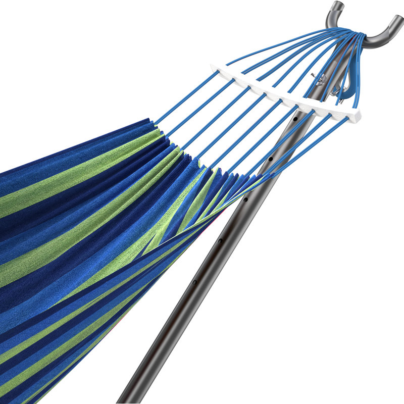Hamac portatif pour 2 personnes avec support en acier robuste, capacité de 450 lb, installation autoportante sans outils, résistant aux intempéries pour le patio, la cour et l'intérieur - bleu large