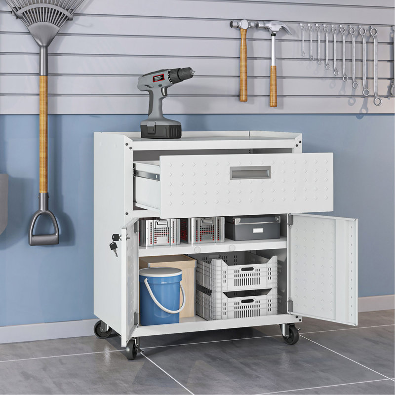 Armoire de garage roulante en blanc, White