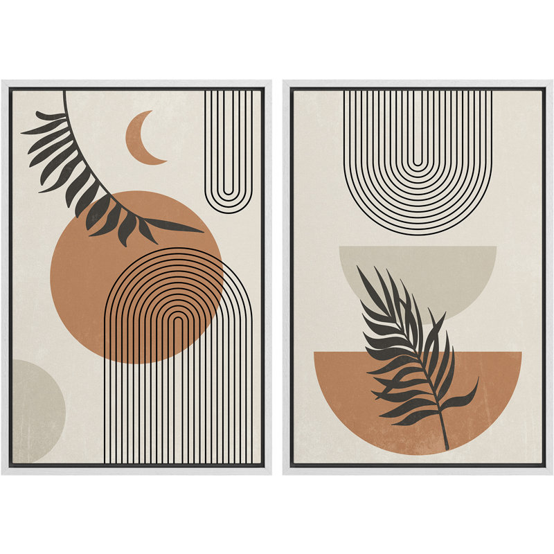 «Mid Century Modern Abstract Lines Botianical Leaf», 2 pièces sur toile, Cadre blanc, H 24 po x l 16 po