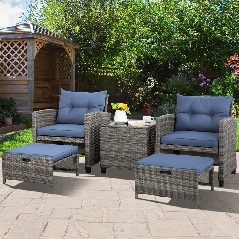 Chaise longue en rotin avec coussins 5 pièces Maddox, Bleu, Gris