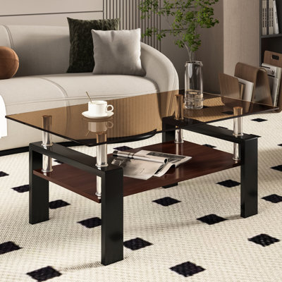 Table basse avec surface et base en verre trempé, brun et noir, centre de table de salon, couche de fabrication de L 39,2 po x l 23,4 po, verre brun, plateau de table, 39,2 po, 23,4 po, 17,7 po
