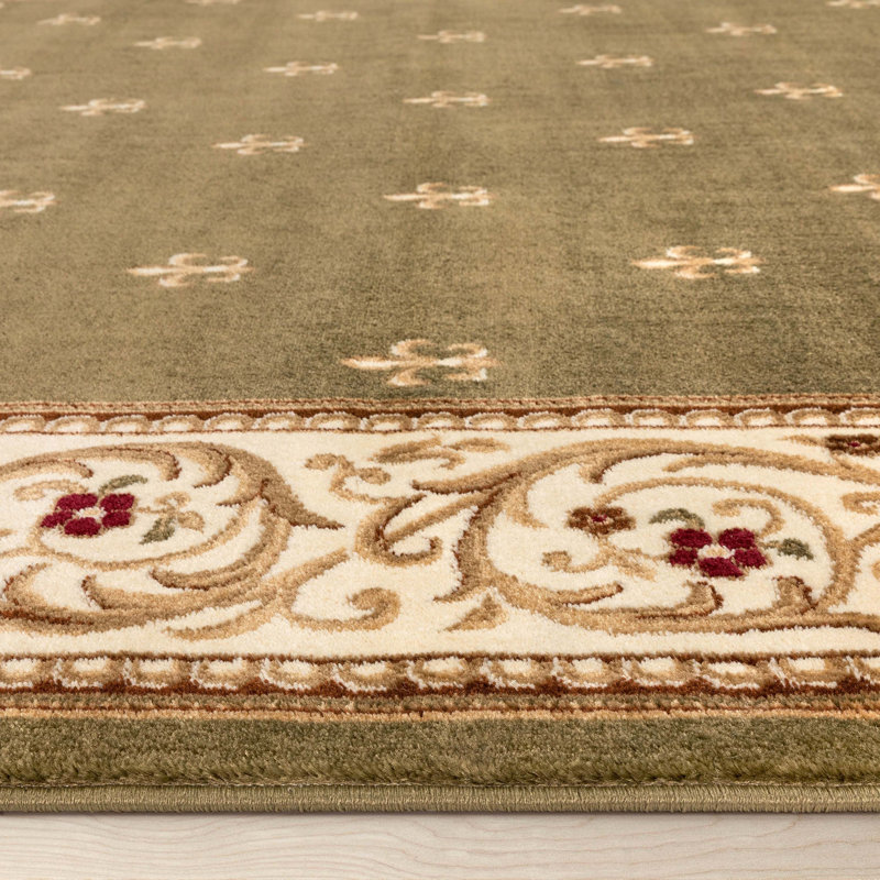 Doykos Fleur De Lis Traditional Oriental Green Plush Rug, Rectangle 5'3" x 7'
