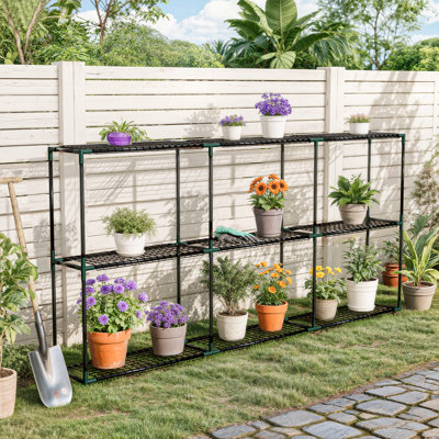 3-Tier Dark Green Metal Frame Plant Stand, 96" x 40" x 12" Flower Shelf for Indoor & Outdoor