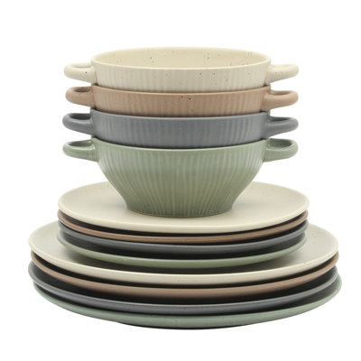 Gibson Elite Clover Hill 12-piece Stoneware Dinnerware Set - Embossed Reactive Glaze - Service For 4 - Assorted C In Blue,cream,brown,green