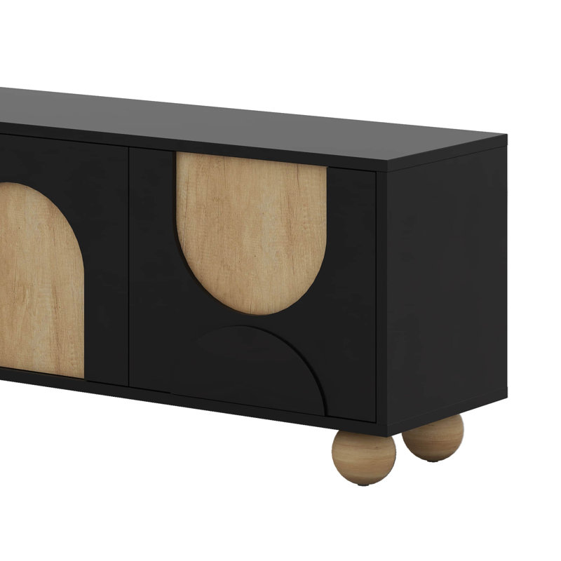 Meuble télé Farmhouse avec trous pour câbles, console média de style crème avec dispositif de rebond, Noir