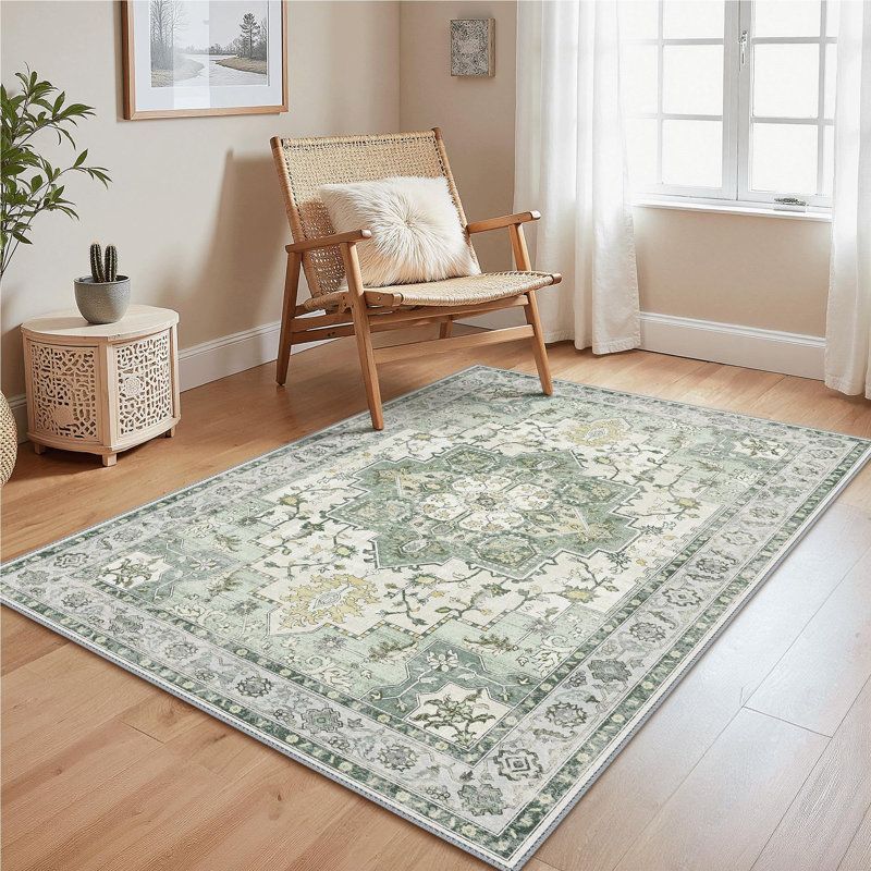 Oriental Performance Machine Washable Non Slip Neutral Green Indoor Area Rug, Rectangle 120 x 170 cm