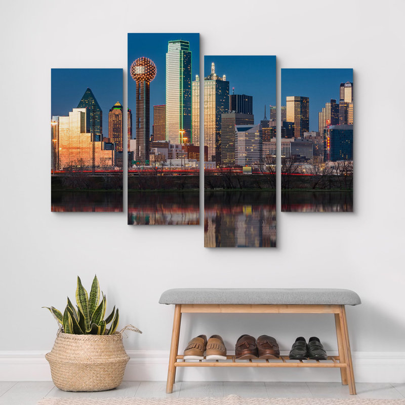 Architecture, bâtiment de la ville de Dallas, gratte-ciel au coucher du soleil, 4 pièces