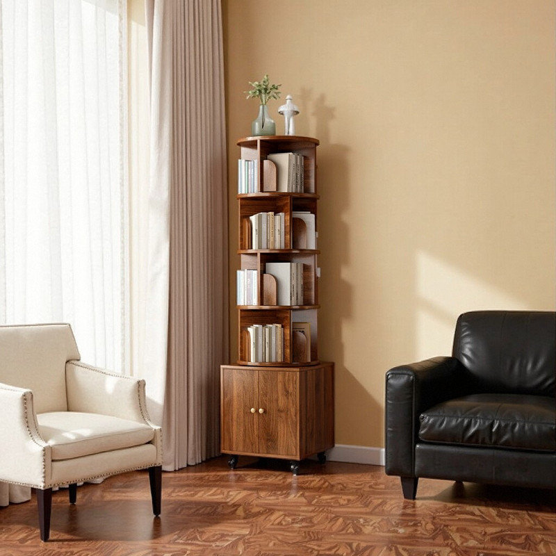 5-Tier Rotating Bookshelf with Storage Drawer, Brown