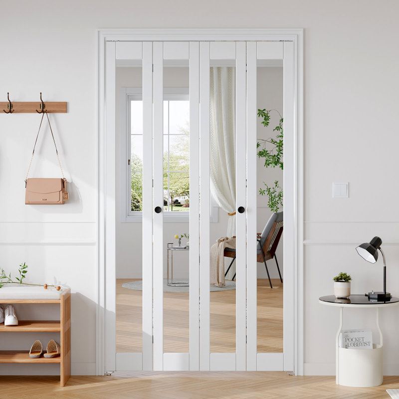 Porte pliante en verre miroitant et en bois manufacturé avec trousse de quincaillerie d'installation, 48 po x 80 po