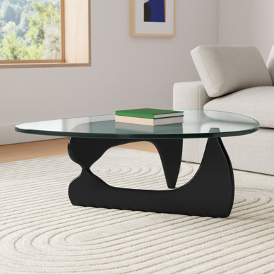 Triangle Glass Coffee Table with Wooden Base Clear Glass Top Mid-Century Abstract Glass Table
