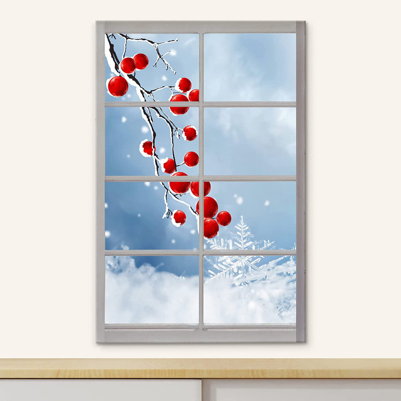 IDÉE4WALL, reproduction d'art sur toile, fenêtre, vue, hiver, neige, flocon de neige, arbre fruitier, paysage, nature sauvage, illustrations, art moderne, rustique, décorative, décor pour le salon, la chambre à coucher, le bureau