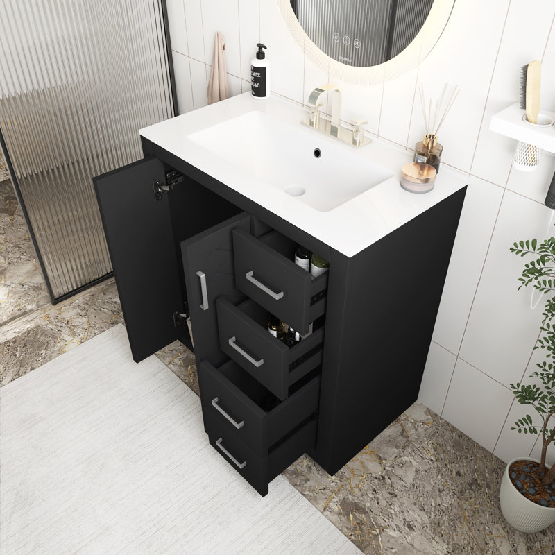 30'' Solid Wood Frame Black Freestanding Bathroom Vanity Set With Ceramic Top