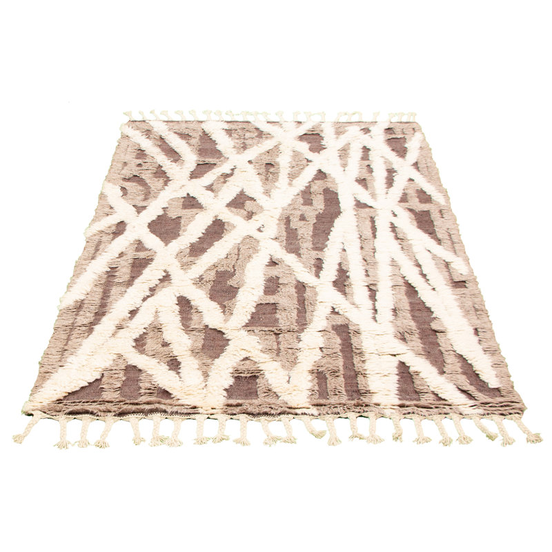 Tapis décoratif en laine noué à la main de conception unique 6 pi x 8 pi 1 po Ivoire/beige/brun