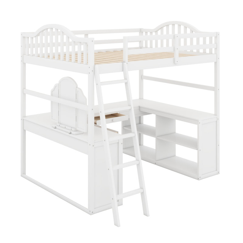 Lit mezzanine en bois avec bureau en U, compartiments de rangement et miroir à trois volets, Blanc