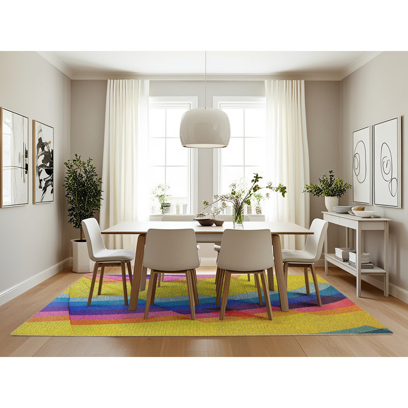 Tapis jaune/bleu/orange à motifs, Rectangle 7 pi x 10 pi