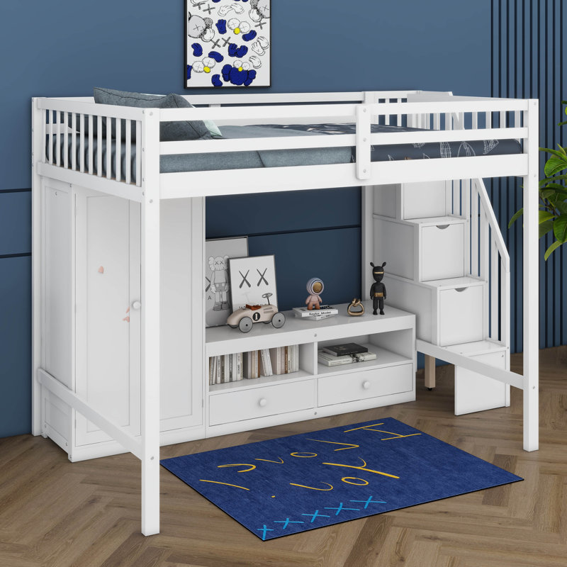 Une base de lit mezzanine pleine grandeur avec garde-robe intégrée et escalier de rangement, Blanc